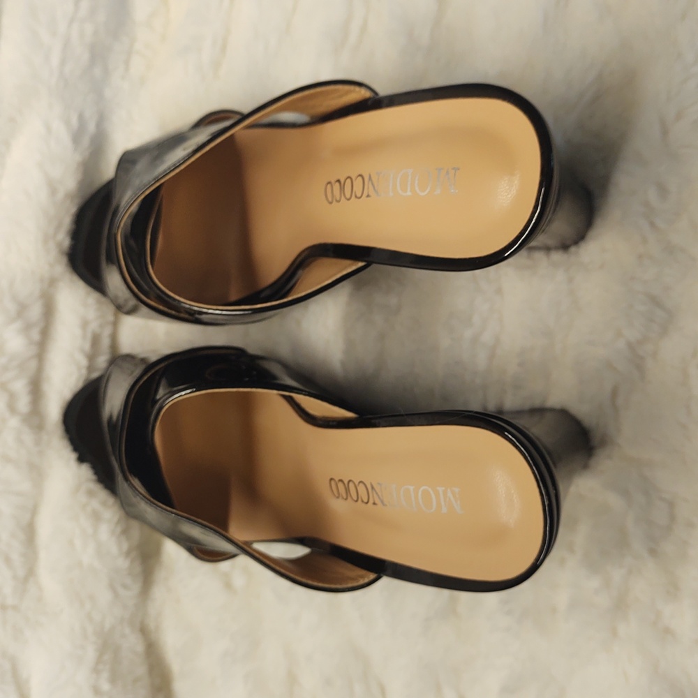 SALE!🔥 NEW! Glossy Black Patent Leather Criss Cross Strappy Wedge Heel Sandals - Picture 6 of 16